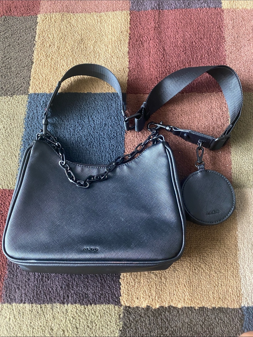 Aldo Black Textured Shoulder Bag with Coin Pouch and Chain Detail